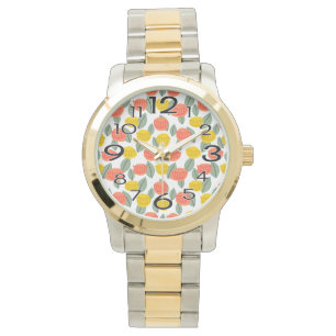 Coral and Gold Flowers Watch