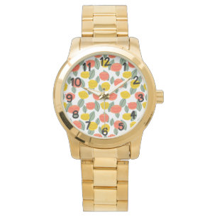 Coral and Gold Flowers Watch