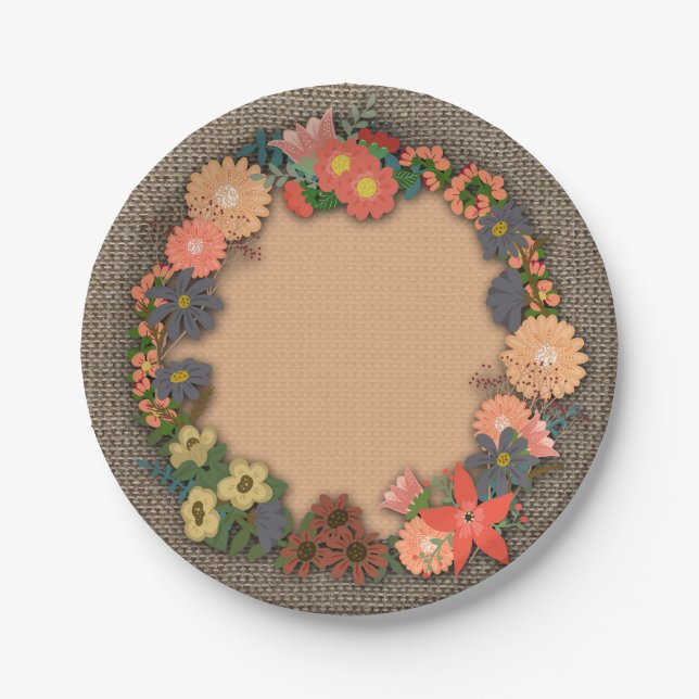Coral and Gold Flowers Wreath, Burlap, Paper Plate (Front)