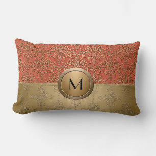 Coral and Gold Monogram Damask Pattern Lumbar Cushion