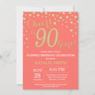 Coral and Gold Surprise 90th Birthday Diamond Invitation