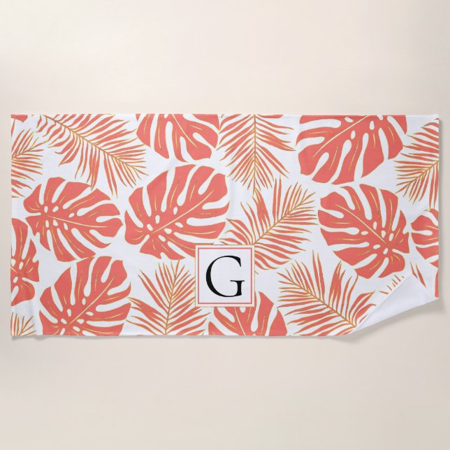 Coral and gold tropical leaves and monogram beach towel (Front)