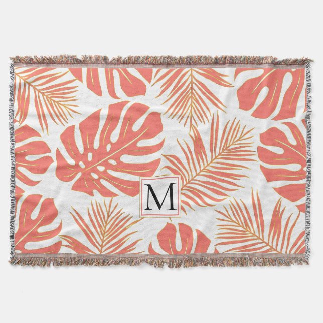 Coral and gold tropical leaves and monogram throw blanket (Front)