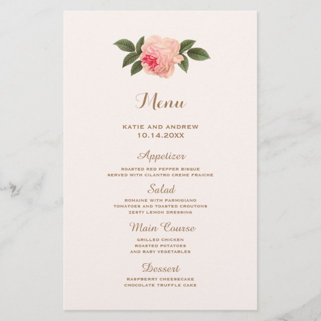 Coral and Gold Wedding Menu (Front)