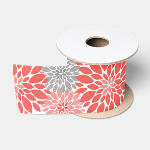 Coral and Gray Chrysanthemums Floral Pattern Satin Ribbon