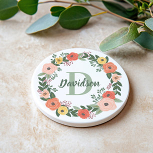  Coral and Green Floral Greenery Monogram Wreath Coaster