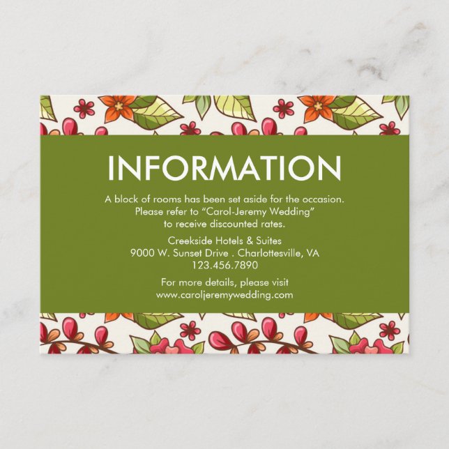 Coral and Green Floral Wedding Information Enclosure Card (Front)