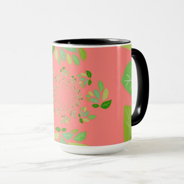 Coral and Green Leaf Design Mug (Front Right)
