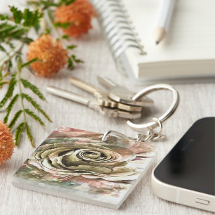 Coral and Grey Artistic Romantic Rose Key Ring