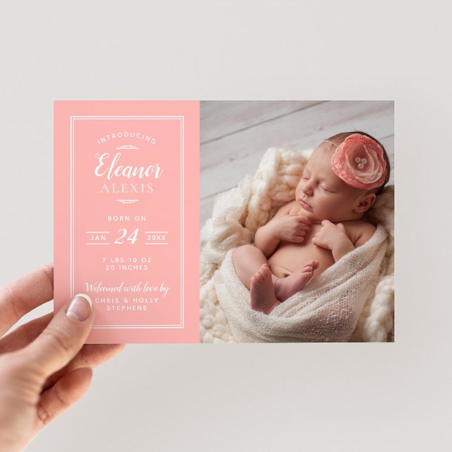 Coral and Grey Baby Girl Photo Birth Announcement (Creator Uploaded)