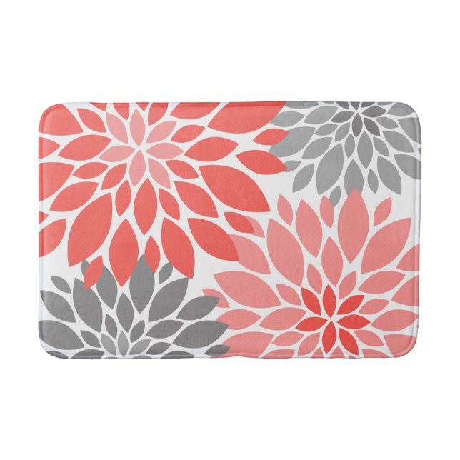 Coral and Grey Chrysanthemums Floral Pattern Bath Mat (Front)