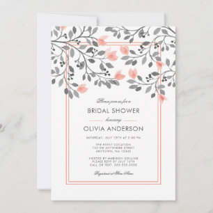 Coral and Grey Floral Watercolor Bridal Shower Invitation