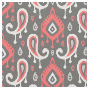 Coral and Grey Ikat Paisley Fabric