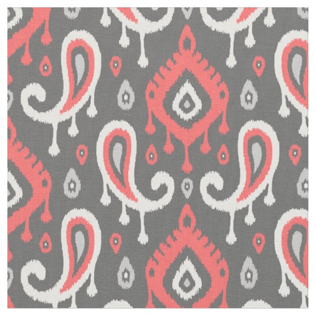 Coral and Grey Ikat Paisley Fabric (Close Up)