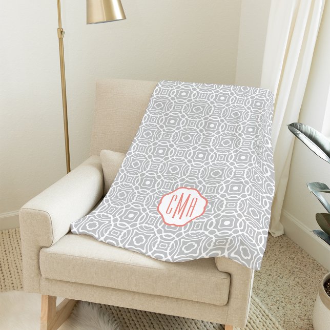 Coral and Grey Quatrefoil Monogram Fleece Blanket (Creator Uploaded)