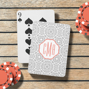 Coral and Grey Quatrefoil Monogram Playing Cards