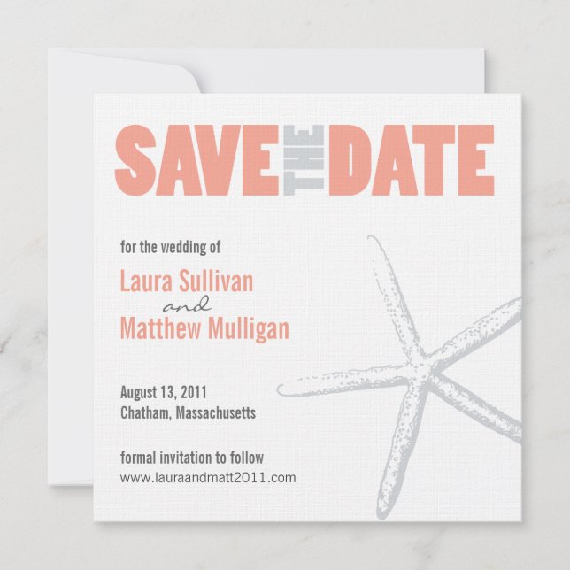Coral and Grey Starfish Wedding Save the Date (Front)