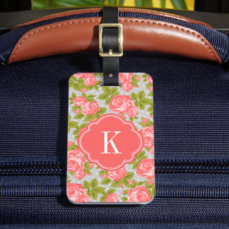 Coral and Grey Vintage Roses Monogram Luggage Tag