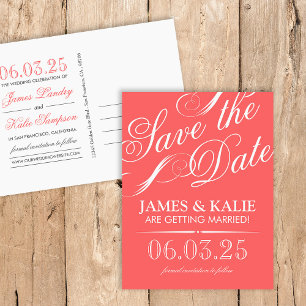 Coral and Grey Vintage Script Save the Date Announcement Postcard