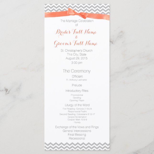 Coral and Grey Zigzag Pattern Wedding Program Programme (Front)