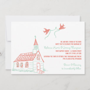Coral and Mint Chapel Wedding Invitation