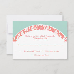 Coral and Mint Damask Photo Wedding RSVP Card
