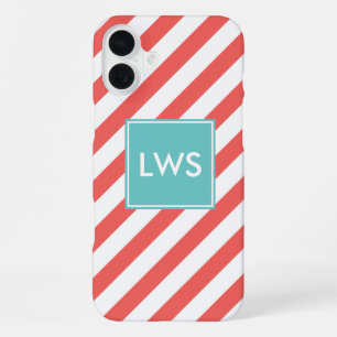 Coral and Mint Diagonal Stripes Monogram iPhone 16 Plus Case