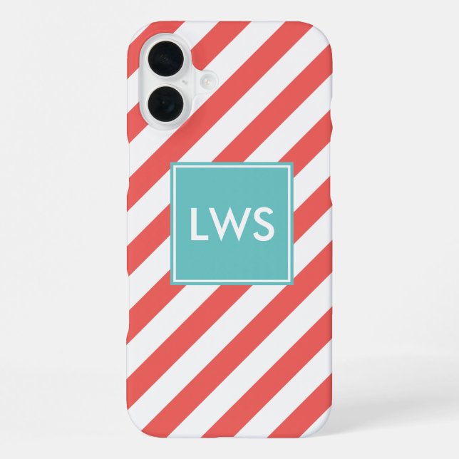 Coral and Mint Diagonal Stripes Monogram iPhone Case (Back)
