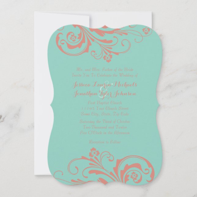 Coral and Mint Floral Chic Wedding Invitation (Front)