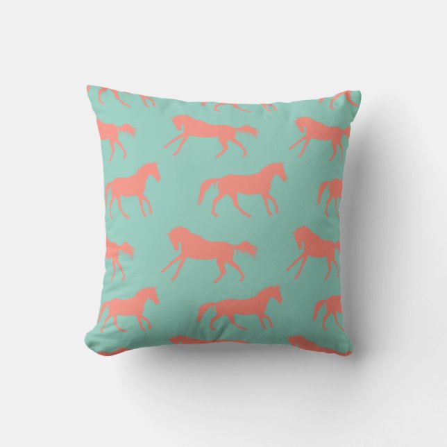 Coral and Mint Galloping Horses Pattern Cushion (Front)