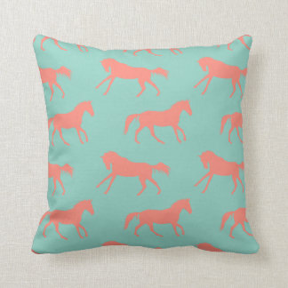 Coral and Mint Galloping Horses Pattern Cushion