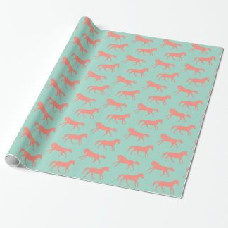 Coral and Mint Galloping Horses Pattern Wrapping Paper
