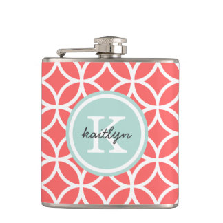 Coral and Mint Geometric Diamonds Custom Monogram Hip Flask