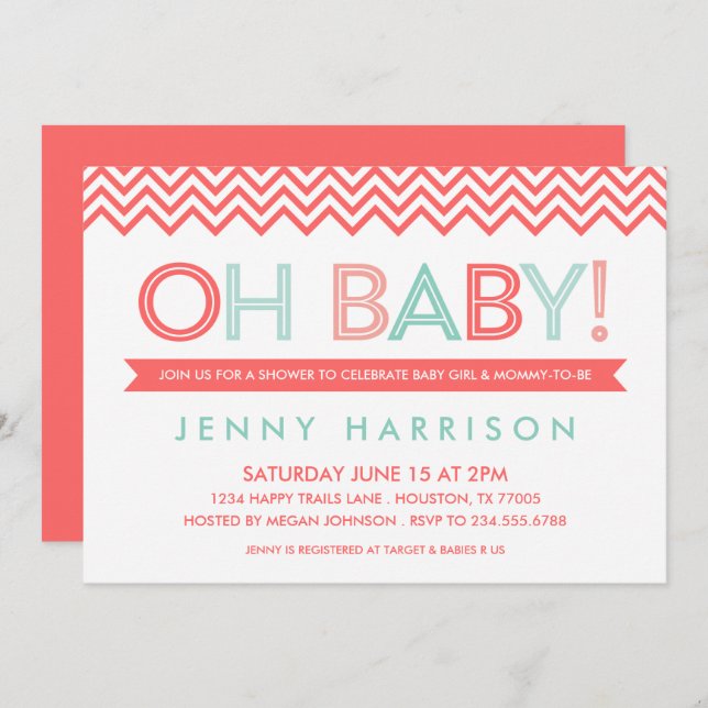 Coral and Mint Modern Chevron Baby Shower Invitation (Front/Back)