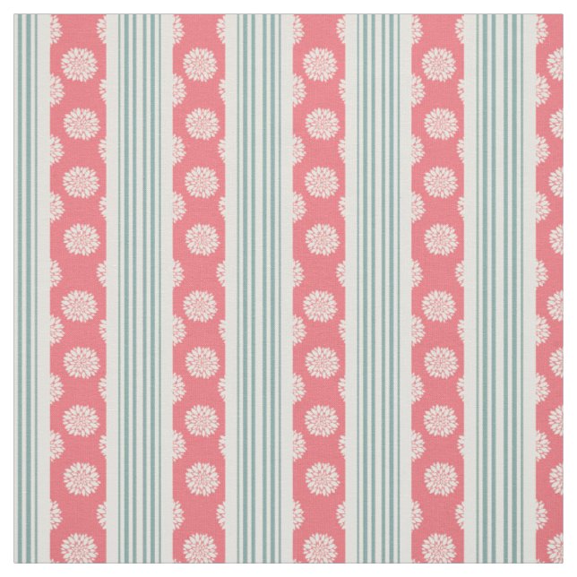 Coral and Mint Peonies and Stripes Fabric (Swatch)