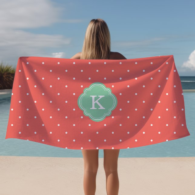 Coral and Mint Polka Dots Monogrammed Beach Towel (Creator Uploaded)