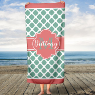 Coral and Mint Quatrefoil Monogram Bath Towel