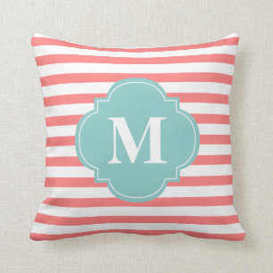 Coral and Mint Stripes Monogram Cushion