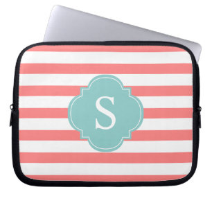 Coral and Mint Stripes Monogram Laptop Sleeve