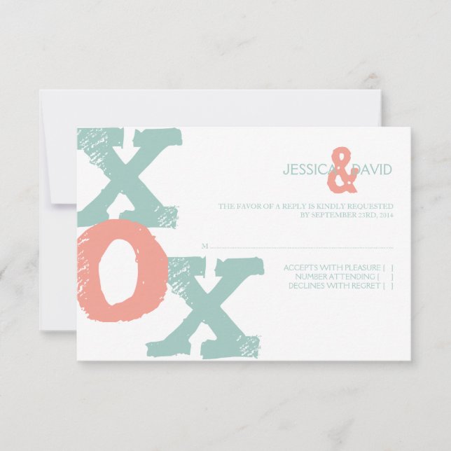 Coral and Mint XOX Wedding RSVP Card (Front)