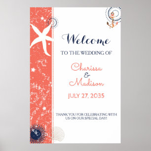 Coral and Navy Blue Beach Wedding Sign