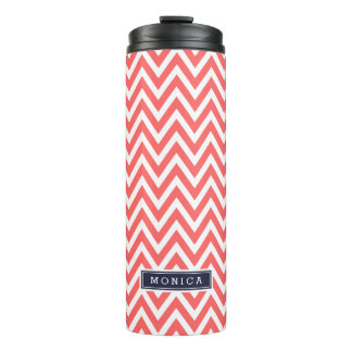 Coral and Navy Blue Chevron Monogram Thermal Tumbler