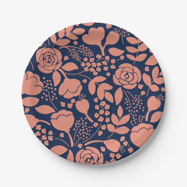 Coral and navy blue floral pattern paper plate (Front)