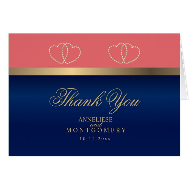 Coral and Navy Blue Gold Hearts - Thank You (Front Horizontal)