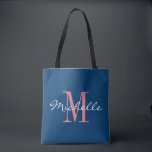 Coral and navy blue monogram wedding tote bag<br><div class="desc">Coral pink and navy blue monogram wedding tote bag for bride and bride's crew, bridesmaids, maid of honour, flower girl, mother of the bride, matron of honour etc. Elegant typography design with chic script text for name. Add your own classy monogrammed name initial letter. Initialled accessory with beautiful colour combination...</div>