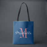 Coral and navy blue monogram wedding tote bag<br><div class="desc">Coral pink and navy blue monogram wedding tote bag for bride and bride's crew, bridesmaids, maid of honour, flower girl, mother of the bride, matron of honour etc. Elegant typography design with chic script text for name. Add your own classy monogrammed name initial letter. Initialled accessory with beautiful colour combination...</div>