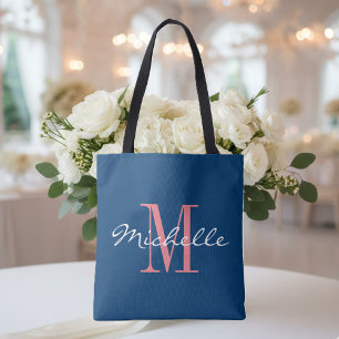 Coral and navy blue monogram wedding tote bag