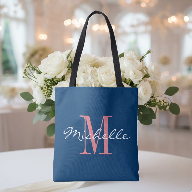 Coral and navy blue monogram wedding tote bag (Wedding tote with monogram)