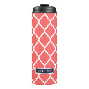 Coral and Navy Blue Moroccan Quatrefoil Monogram Thermal Tumbler