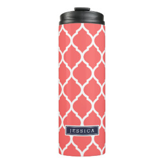 Coral and Navy Blue Moroccan Quatrefoil Monogram Thermal Tumbler